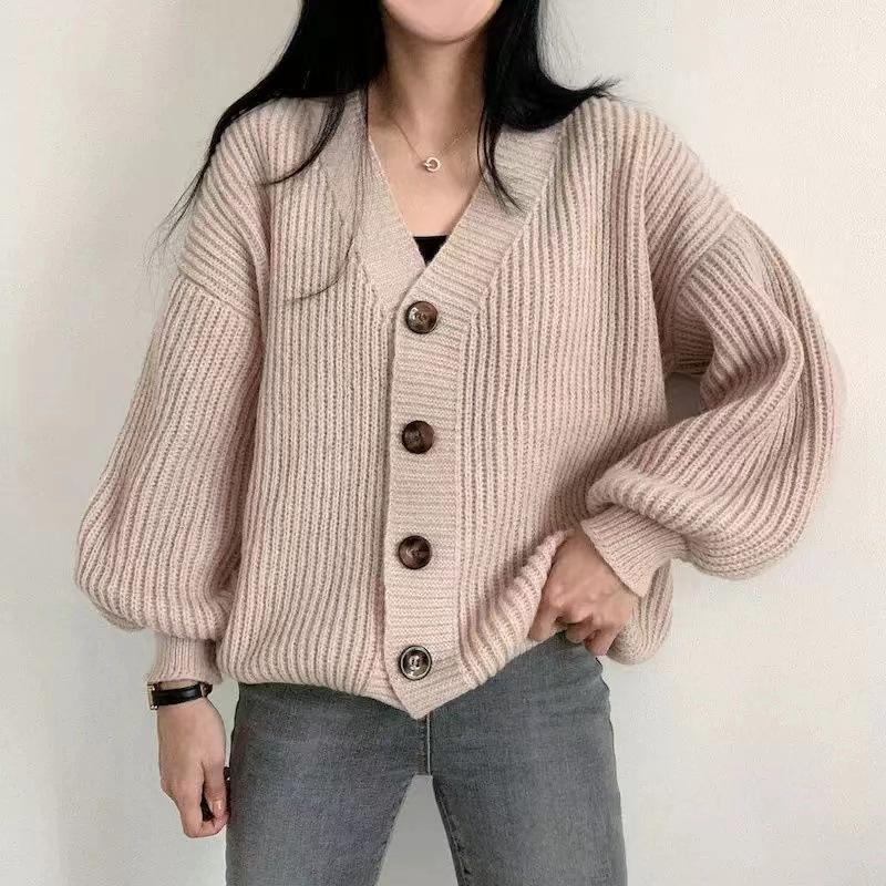 Autumn and winter new versatile sweater jacket women's style casual loose lazy lantern sleeve V-neck knitted cardigan