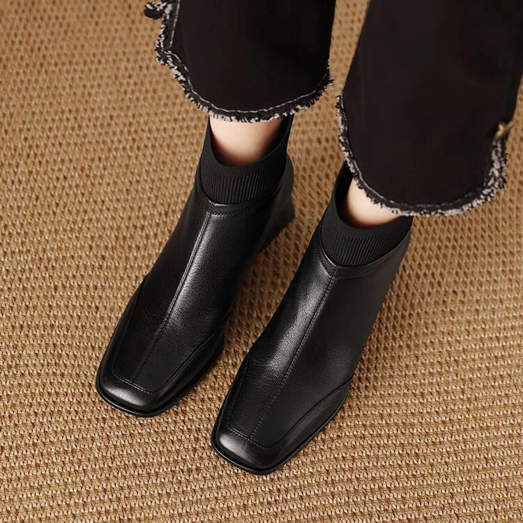 

Модные коричневые ретро модные толстый каблук квадратный носок короткие ботинки 2025 женские осенне-зимние вязаные голенища модные облегающие ботинки 40