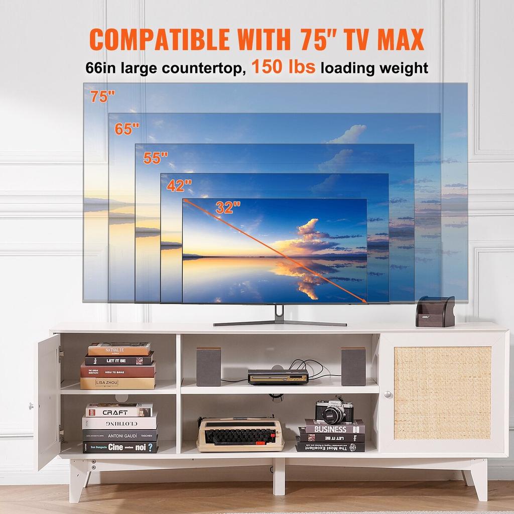 Rattan-TV-Ständer 191cm Fernseher Boho-TV-Schrank Weiß Fernsehschrank