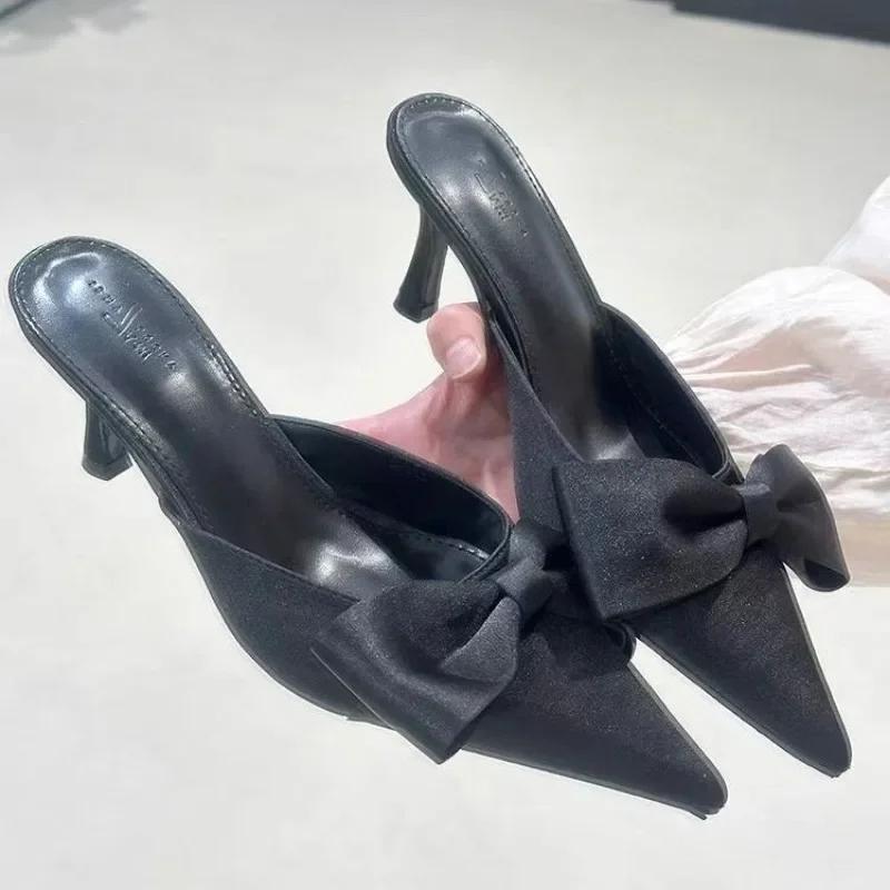 Fashion Summer Women's Slippers Pointed Toe Bow Tie Dress Sandals 2025 New Fashion Closed Toe Thin Heel Elegant Modern Slippers Zapatos