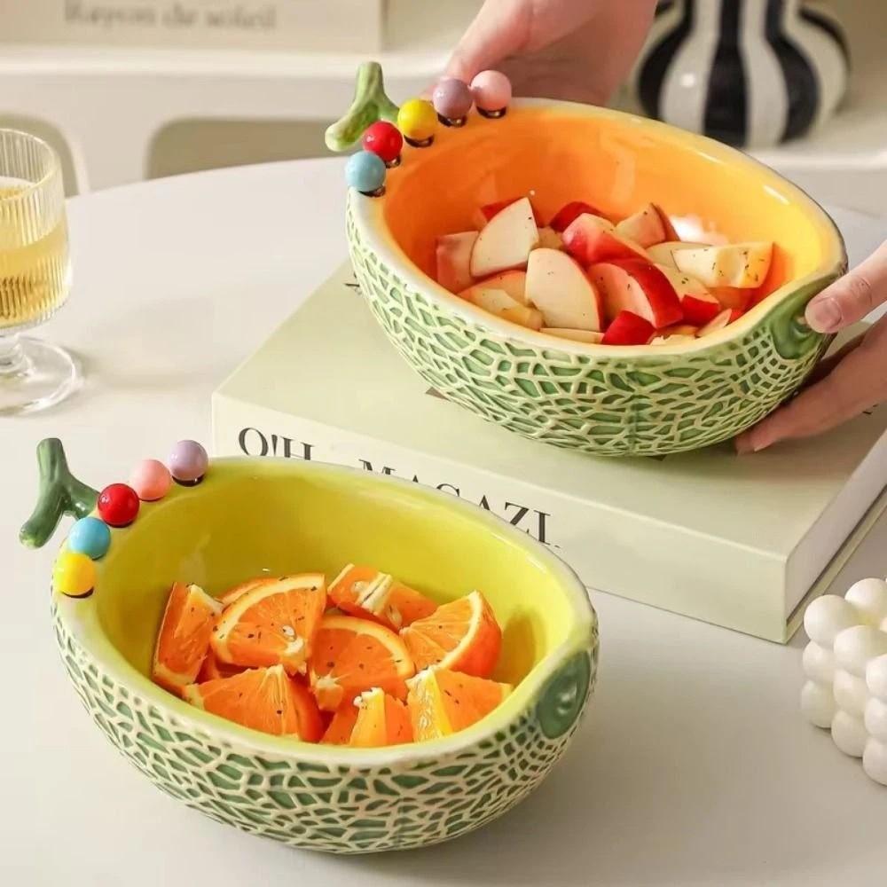 Large Capacity Fruit Bowl with Fork Hami Melon Shape Snack Plate with Fork Household Use