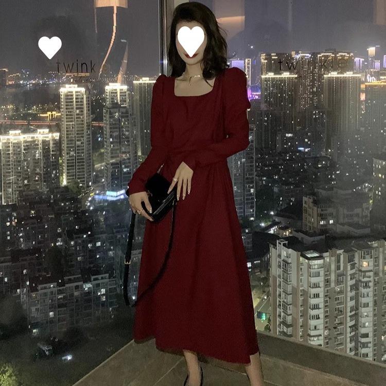 Red dress women's long-sleeved engagement dress can be worn daily Hepburn small red dress high-end temperament autumn and winter