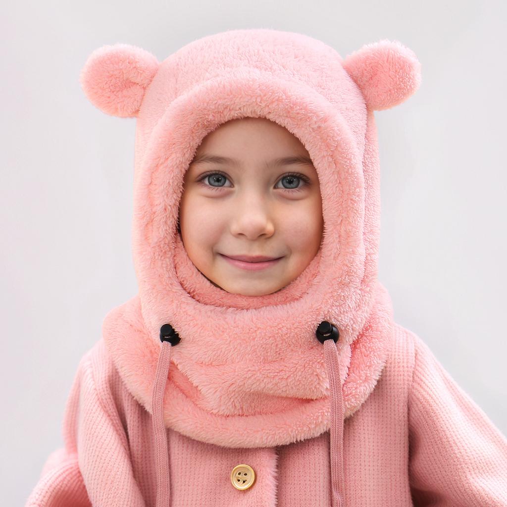 Kids Thermal Hat with Face Cover Animal Ear Flap Winter Warm Balaclava Style Integrated Neck Warmer Windproof Cold Weather Hood for Children