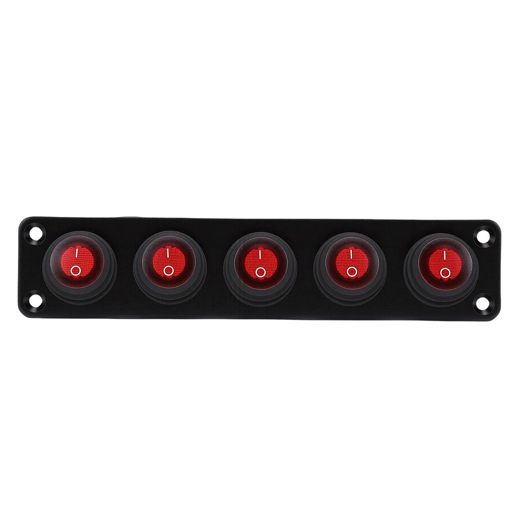 5 Gang Rocker Switch Panel 20A Red Circular On Off Switch Water Proof Aluminum Alloy Panel for Car Boat RV Truck Trailer