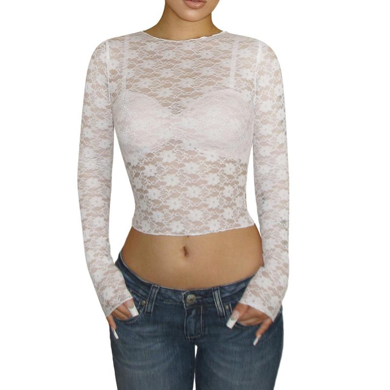 Damski koronkowy siateczkowy crop top z długim rękawem