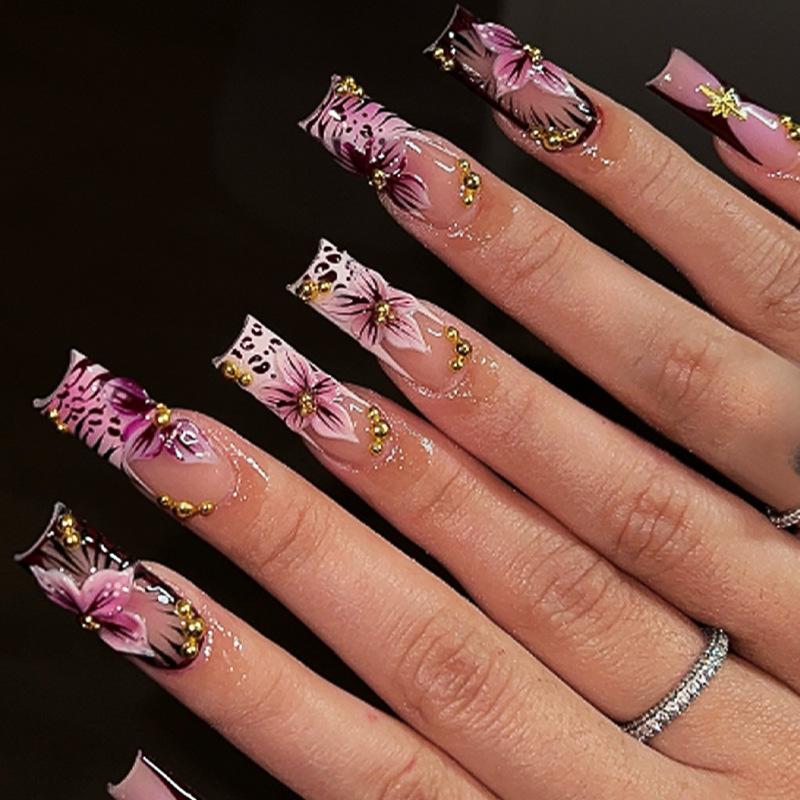 24Pcs Long Square Press On Nails Leopard Print French 3D Cherry Design False Nail Rhinestone Wearable Full Cover Fake Nails Tips