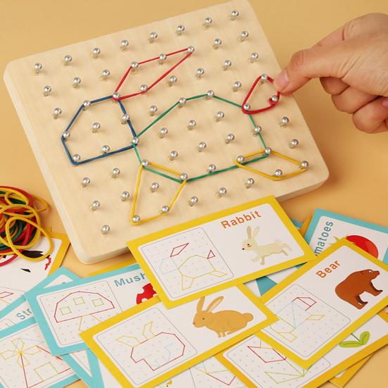 Dřevěná geoboardová hra s kartami Gumičky Geometrický tvar Šíření Myšlení Výuka Nehty Stolní hra Batolata Chlapci Dívky Dárek