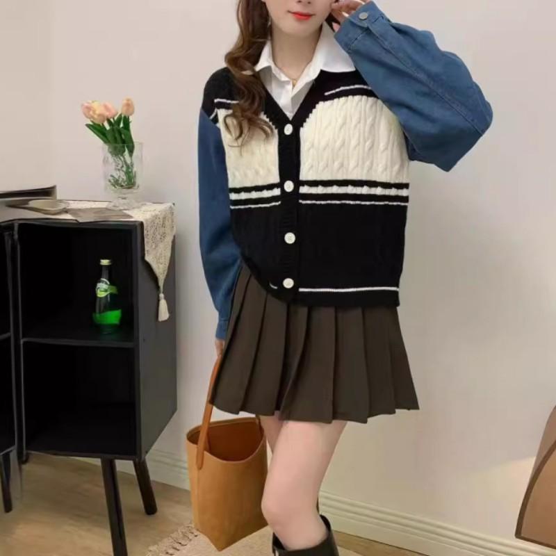 

Новый многослойный вязаный топ-двойка, осенний вязаный кардиган в университетском стиле с V-образным вырезом, женский уличный ленивый average size чёрный