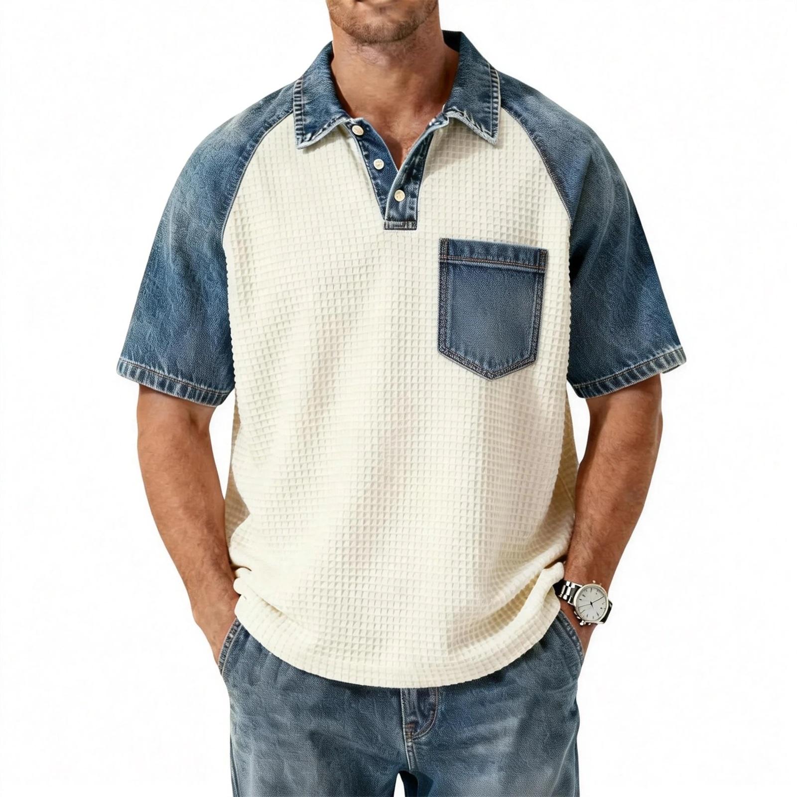 Men s Denim Patchwork Shirt. Casual Short-sleeved Comfortable T-shirt. Fashionable For Spring And Summer. S