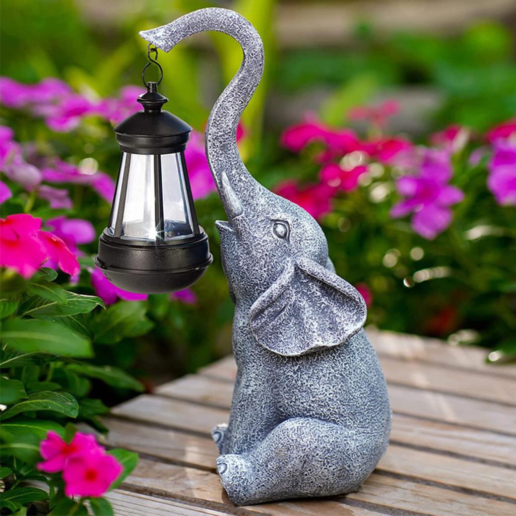 Outdoor Elephant Statue Solar Lantern Garden Decor Resin Animal Sculpture Yard Ornament with Hanging Lantern for Patio Pathway Lighting