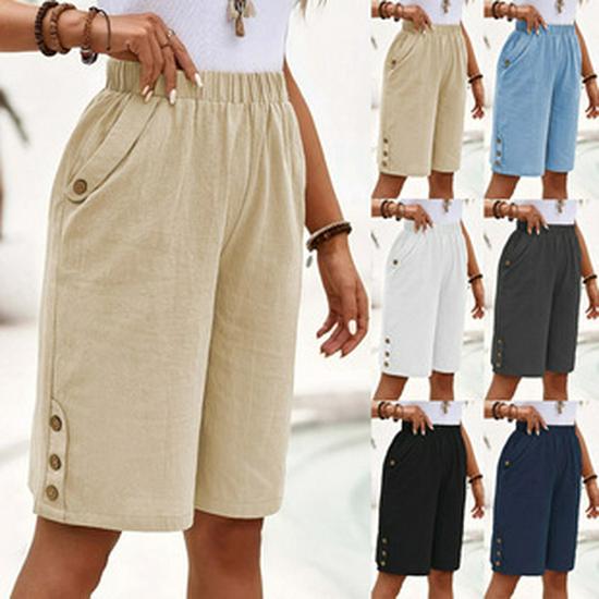 Pantaloni Capri Estivi da Donna 2025 a Vita Media Elasticizzati - Patchwork Sexy, Skinny Casual Stile Bottoni