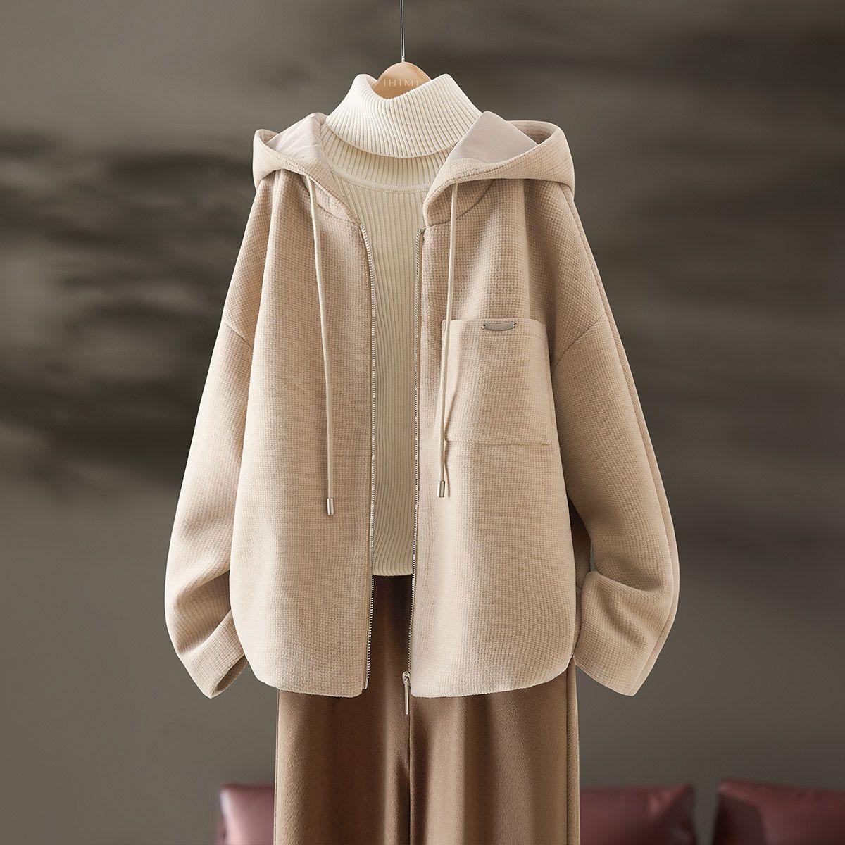 

Woolen Coat Women s Coat Thickened and Velvet Leisure Hooded Sweater in Autumn and Winter with Loose Silhouette. S