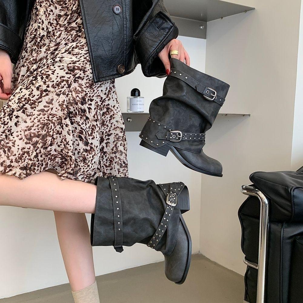 Pants Skinny Knight Boots Locomotive Medium Tube Fashion Spring and Autumn Short Boots Women's Boots New Belt Buckle Rivets