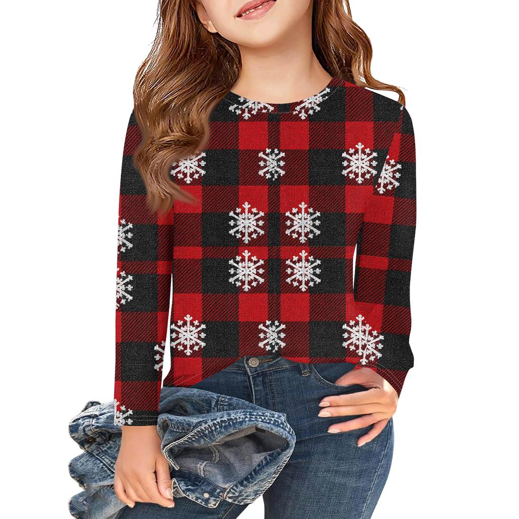 Weihnachtstag Mädchen Langarm T-Shirts Kinder Herbst Oberteile Rundhalsausschnitt Bedruckte Basic T-Shirts