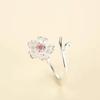 New Arrivals 925 Silver Rings for Women Adjustable Size Ring Pink Zircon Cherry Blossom Ring