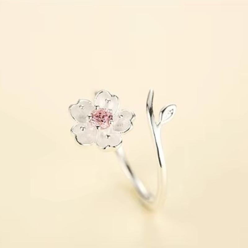 New Arrivals 925 Silver Rings for Women Adjustable Size Ring Pink Zircon Cherry Blossom Ring
