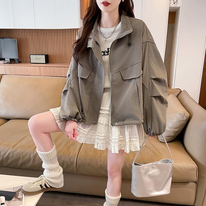 2026 spring and autumn new Korean fashion loose stand-up collar hem drawstring jacket women's outdoor tooling casual jacket tide