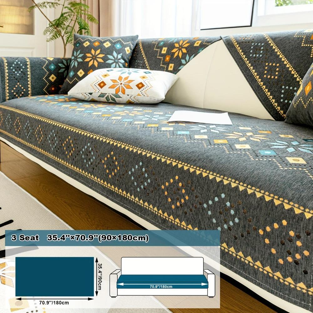 1pc Bohemia Chenille Sofa Cover, Geometric Embroidery Sofa Slipcover, Thick Plush Sofa Protector Cover, for Bedroom Office Living Room Home Decor