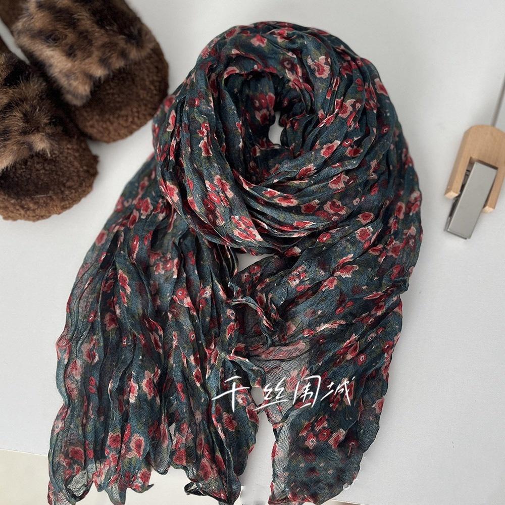 New Retro Literary Imitation Cotton And Linen Pleated Thin Versatile Shawl Small Floral Scarf Yarn Japanese Fashion Trend