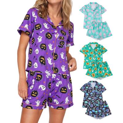 Halloween Women Pajamas Set Ghost Pumpkin Print Short Sleeve Button Down Shirts