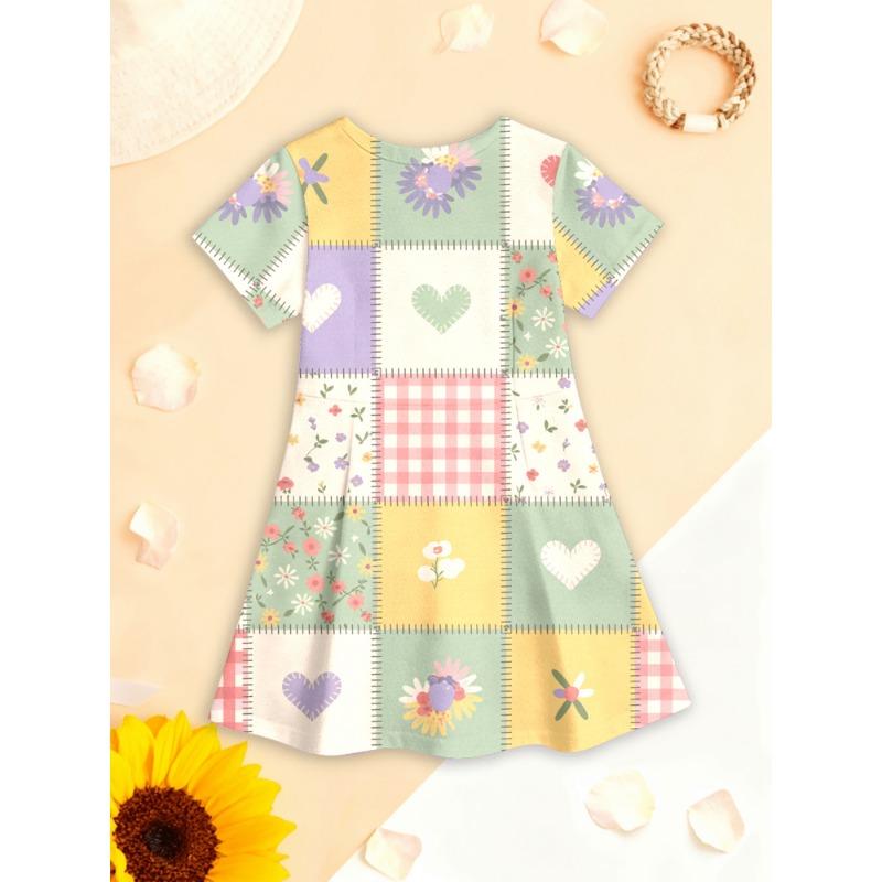 Short-Sleeved Dress for Girls Featuring a 3D Printed Cat Design - a Casual Summer Tutu Dress