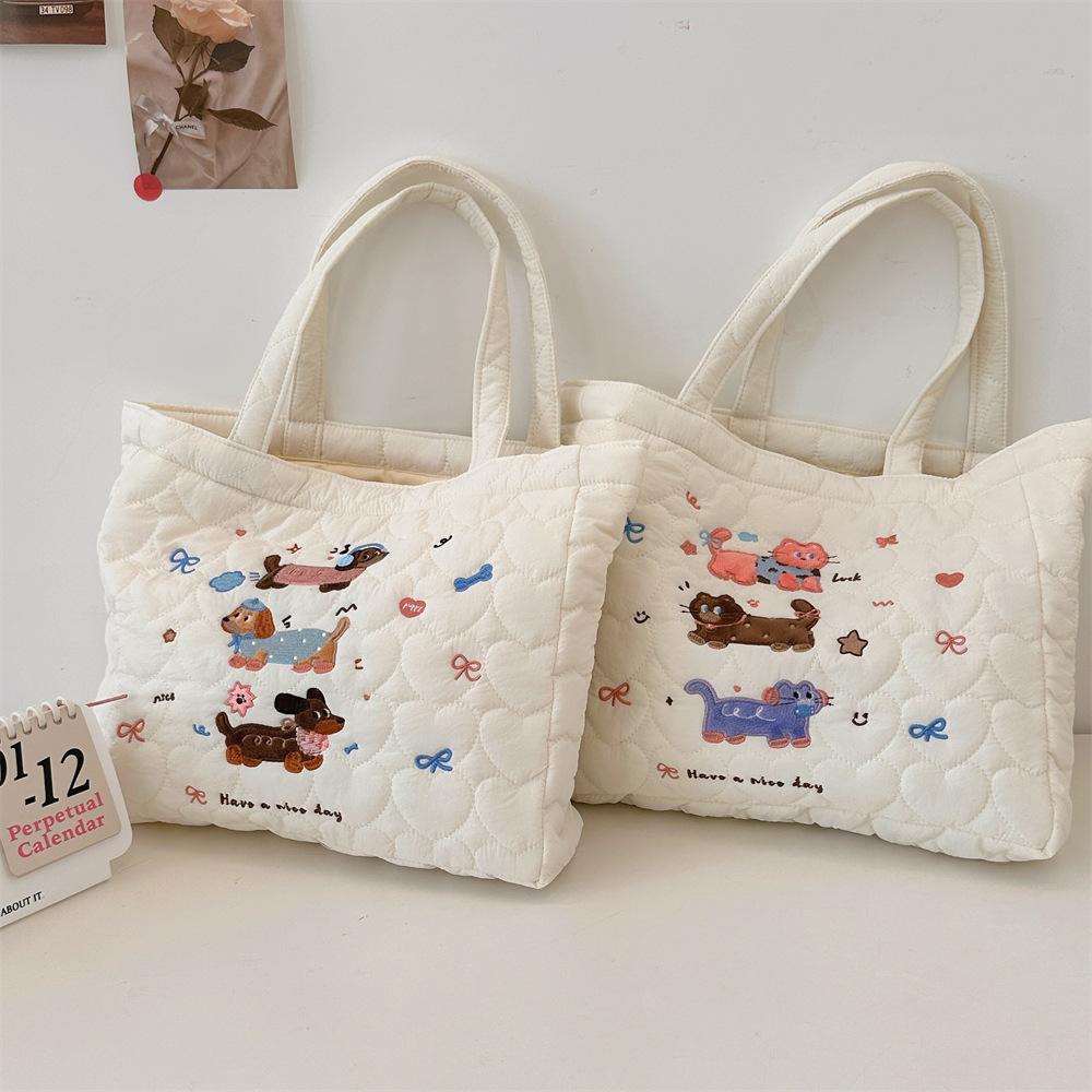 Cute kitten embroidered handbag Korean ins quilted tote bag women's shopping bag mommy bag