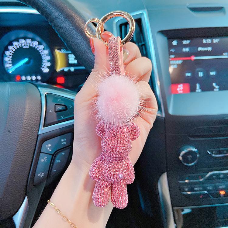 Autumn and Winter New Mink Hair Full of Diamonds Violent Bear Car Key Chain Drill Rope Key Ring Bag Pendant Online Celebrity