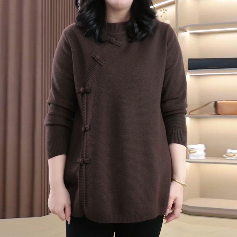 Warm Knitted Plus Size Round Neck Sweater for Middle-Aged & Elderly Women - Fashionable Autumn/Winter Top