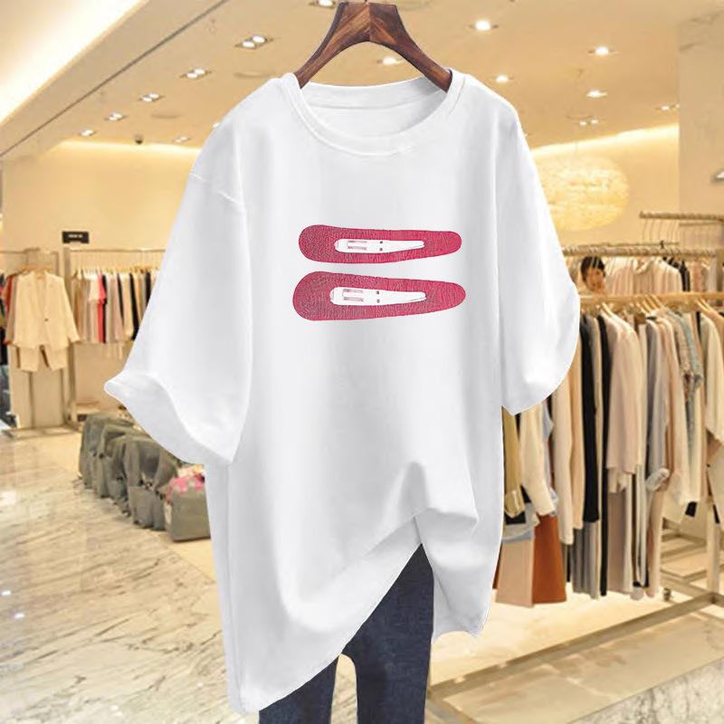 

White hairpin printed short-sleeved T-shirt women s summer 2025 new loose medium and long casual crew neck top S