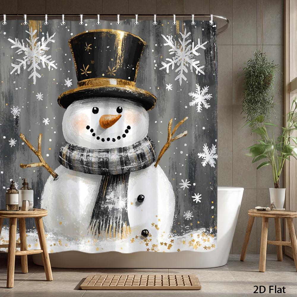 1pc 2D Flat Cute Snowman Christmas Shower Curtain, Rustic Winter Snowflake Print, With Hooks, Holiday Bathroom Decor
