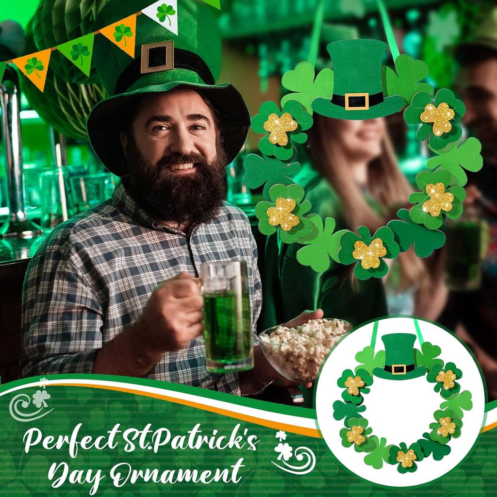 Yookeer St. Patrick's Day Shamrock Door Wreath Shamrocks Wooden Hanging Sign Lucky Irish Ornament Wood Wreath for Happy St. Patrick's Day Party Front