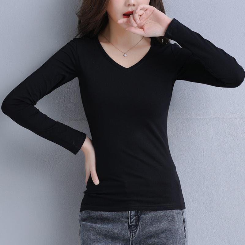 

Spring & Fall New Arrival Black T-Shirt Women s Long Sleeve T-Shirt round Neck Bottoming Shirt Women s Inner Wear K-style Silm Slimming Top Fashion Long sleeves V Neck black [Single]-VQUZ XL