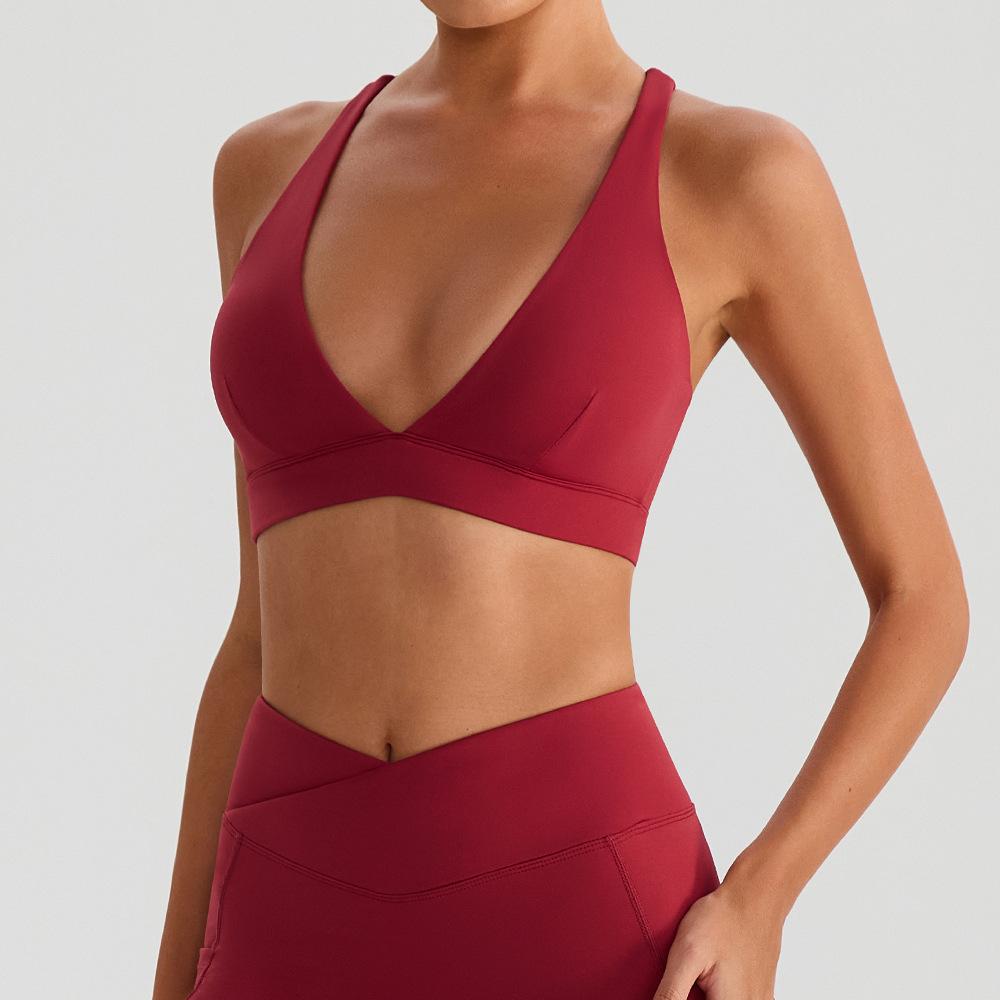 

Deep V outer nude running sports bra fashion cross beautiful back shock-proof gathering yoga clothes underwear women S/4 бордовый