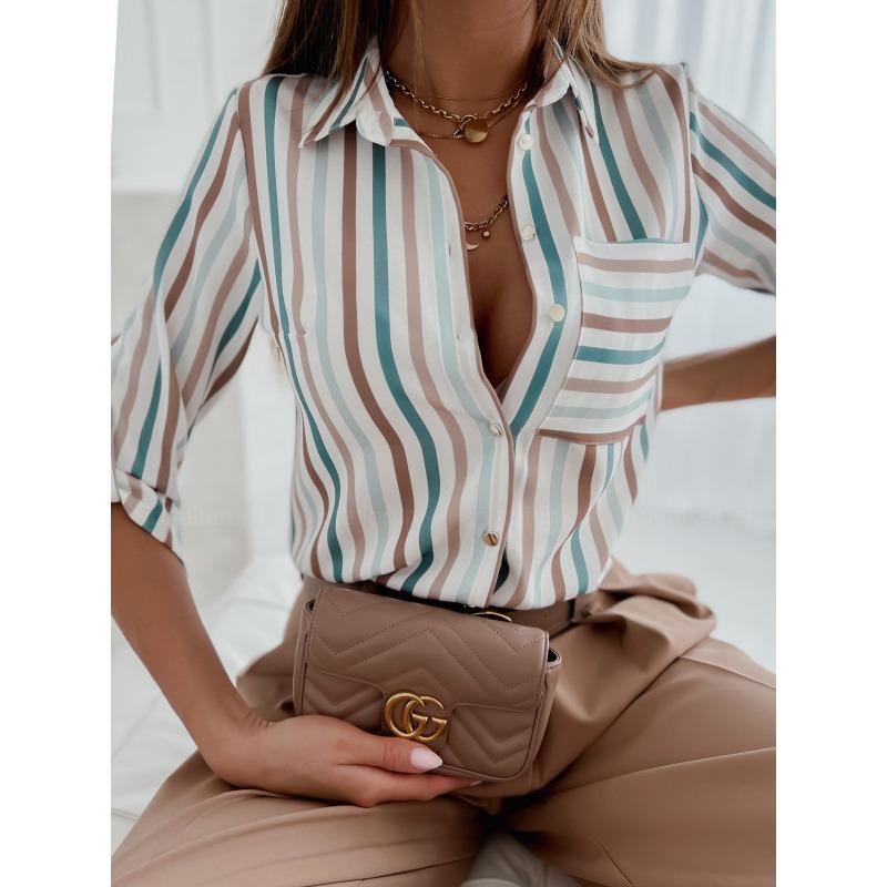 IHUASU Dámská móda Ležérní jednobarevný potisk Halenky a košile POLO s dlouhým rukávem