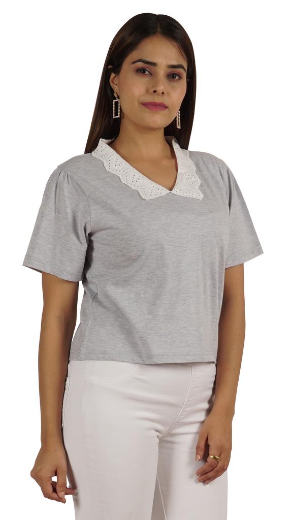 Moomaya Dámský top s krajkovým límečkem Petra Pana, hladký žerzejový krátký ležérní T-shirt