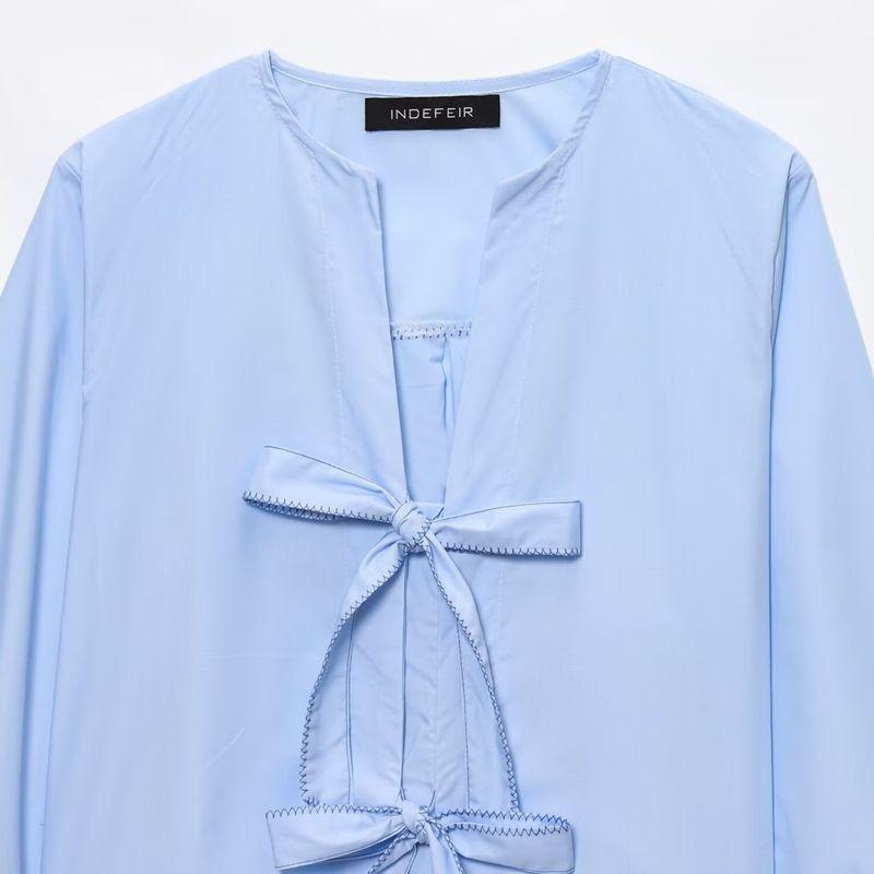 Kaslead New Women Clothes Western Style Fashion Bowknot Decoration Stripe Poplin Shirts 0387058