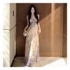 Hainan Sanya seaside vacation pure desire long dress French purple print tie-dye tube top suspender dress women mopping the floor