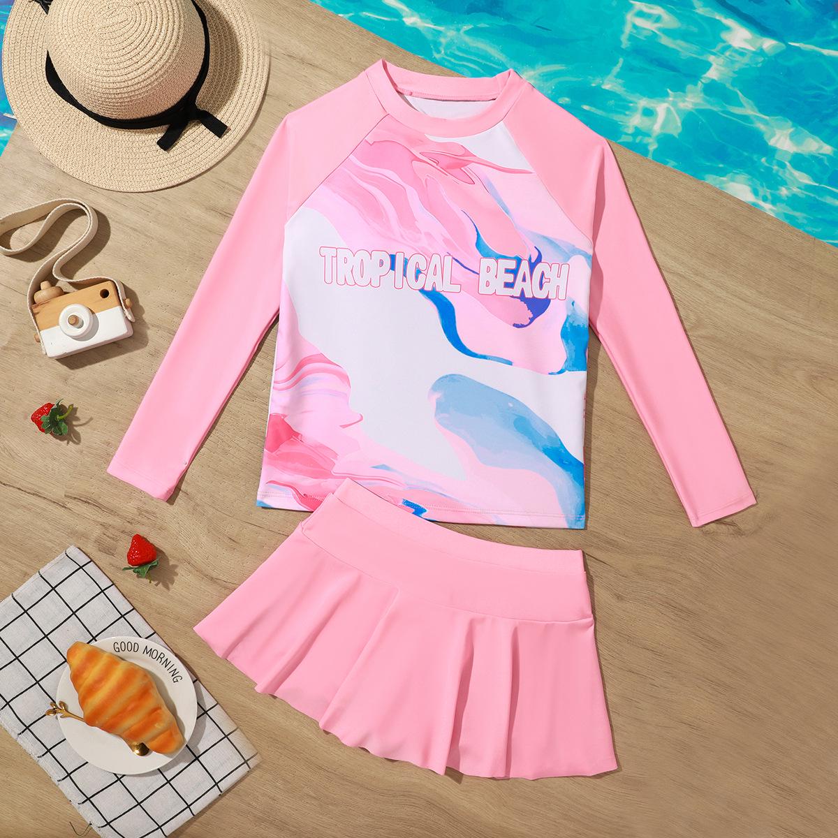 

2025 Розовый купальник тай-дай из двух частей с длинным рукавом для девочек: Включает короткую юбку 11-12 Years