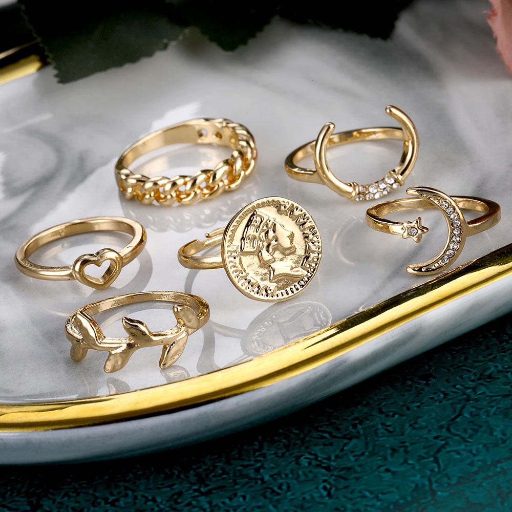 2024 Coin Crescent Leaf Ring Set 6-delt personlig ring Punk stil ring motenøytral trend