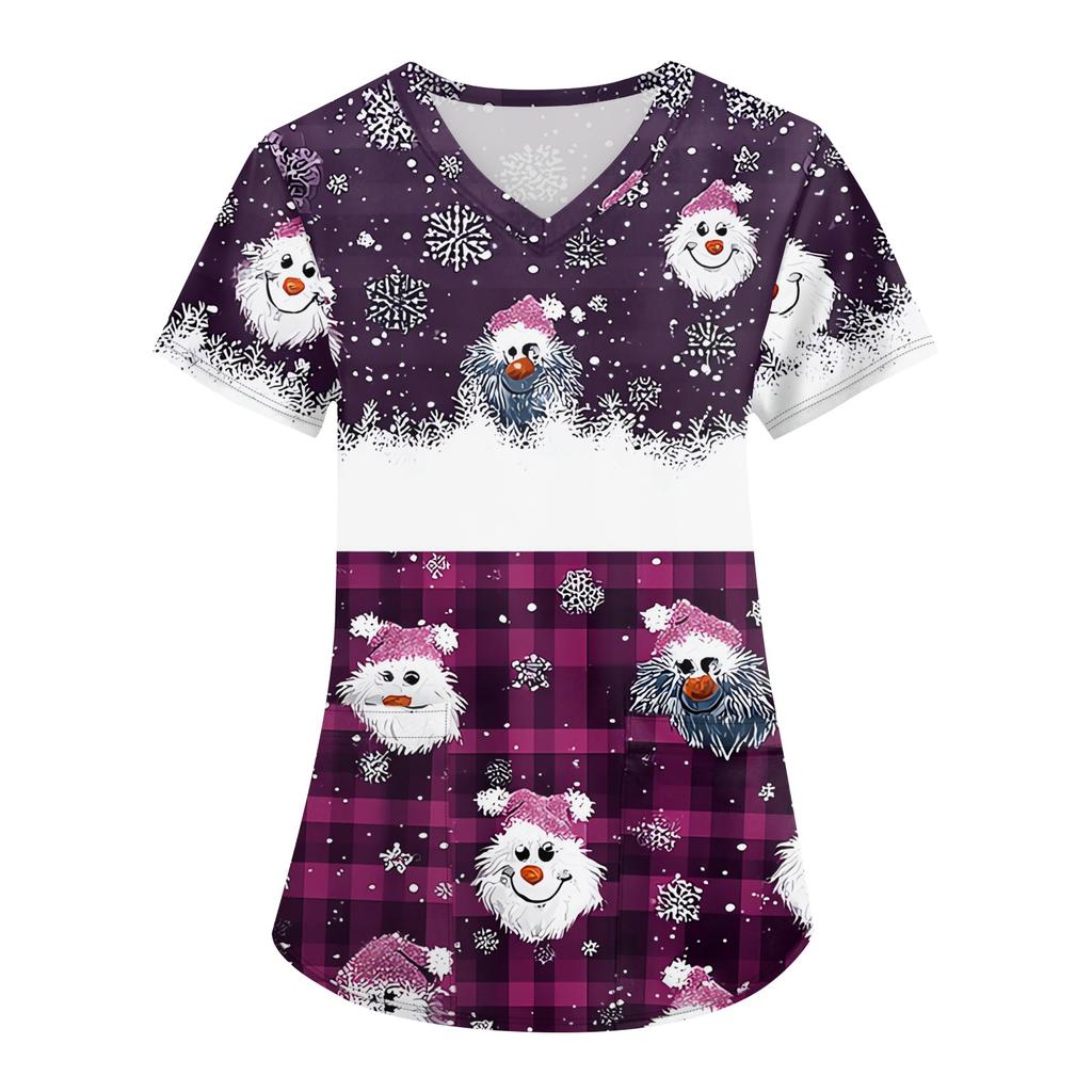 Dámské módní pracovní oděvy s krátkým rukávem a výstřihem do V s kapsami Vánoční topy s potiskem