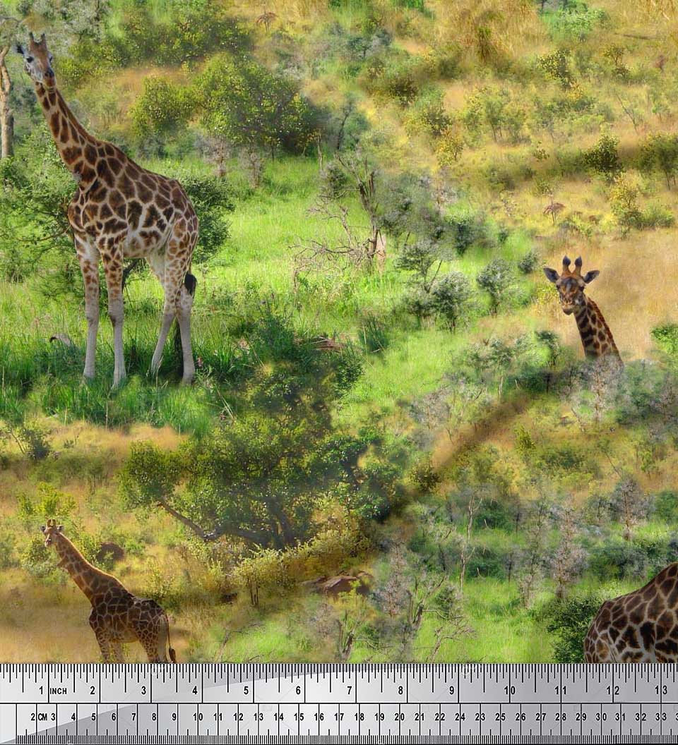 

Тканина Soimoi Японія Креп Сатин Джунглі Жираф Сцена Декор Тканина Друкований метр 42 дюйма 42 Inch Wide - Poly Crepe зелений