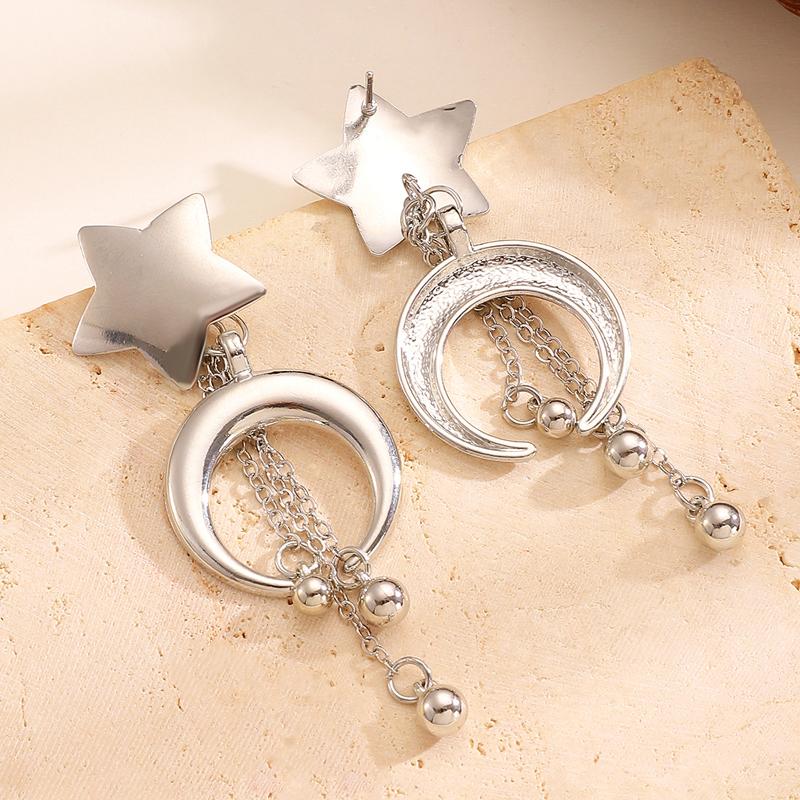 

Vintage Metal Star Moon Tassel Pendant Earrings for Women Exaggerated Chain Ball Long Drop Earrings Street Auction Zircon Gifts медный