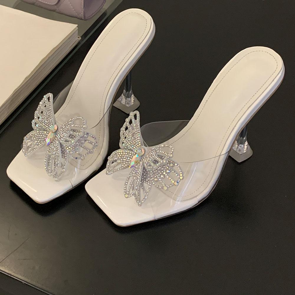 

Новые летние квадратные носы со стразами и бабочками, прозрачные босоножки-мюли, блестящие винные бокалы, сексуальные женские туфли на высоком каблуке 37