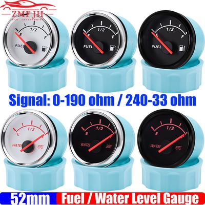 2" 52mm Car 0-190 Ohm Fuel Level Gauge 240-33 Ohm Water Level Meter with Red Light For Universal Gasoline Car Boat Yacht