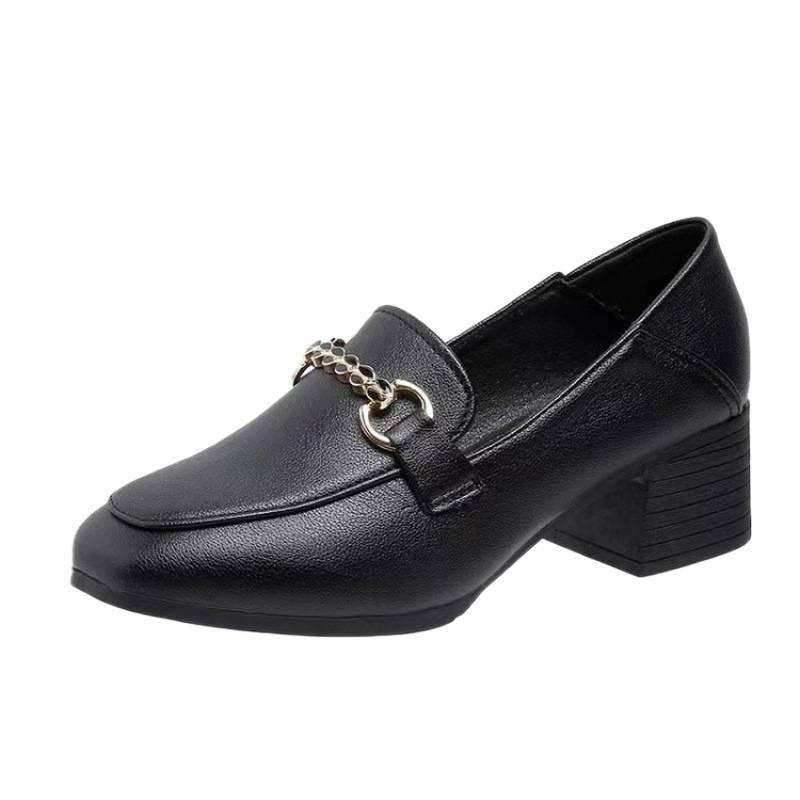 Thick Heel Square Head Single Shoes Women's Leather Shoes British Style Spring and Autumn One Pedal Loafers One Shoe Two Wear Thick Heel Large Size W