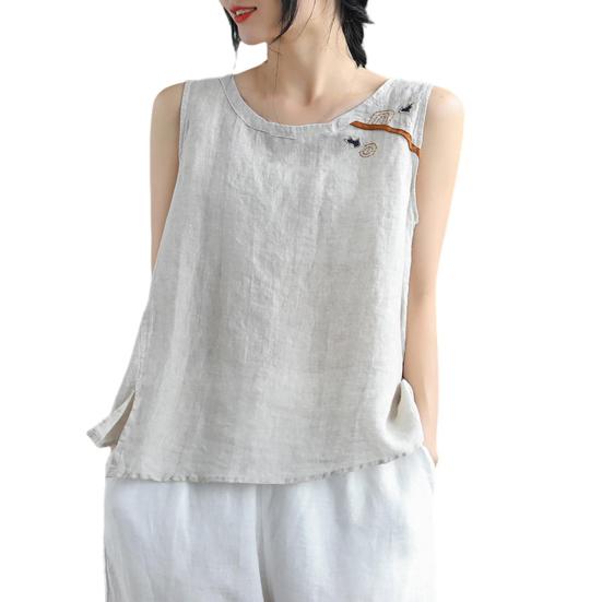 O-Neck Sleeveless Side Split Hem Loose Fit Retro Vest Women Summer Embroidery Pattern Top Streetwear