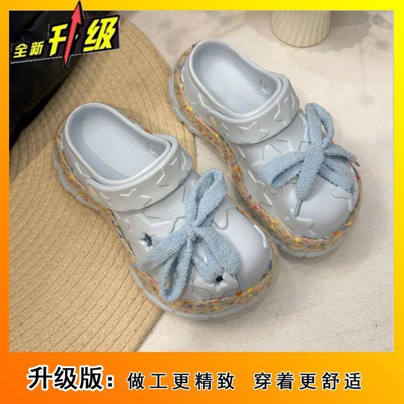 Fashion Platform Fairy Wind Bow Hole Shoes Girl Heart Cute Beach Cool Slippers 2025 Summer New
