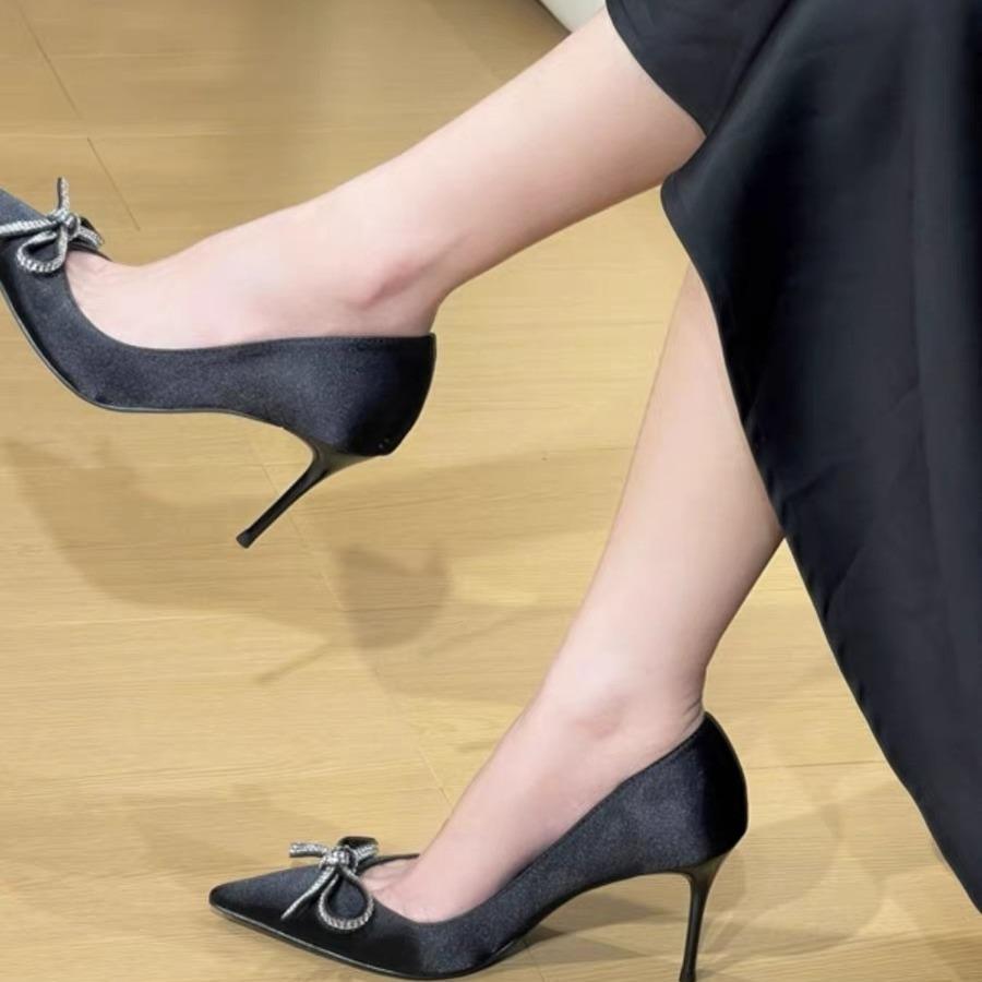 2025 Spring and Autumn New Rhinestone Bow Thin Medium High Heel Shallow Mouth Single Shoes Celebrity Temperament Sexy Niche Single Shoes