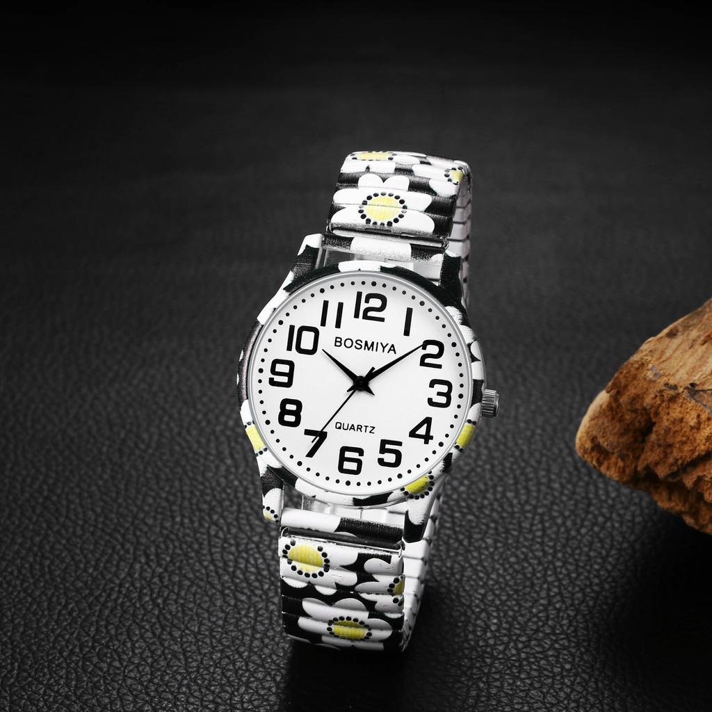 Women's Chrysanthemum Floral Print Watch, Waterproof: Analog Display, One Size Fits Most, Stretchable Stainless Steel Strap, Floral Dial, Cute and