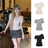 Spring 2025 Off-Shoulder Slim Fit Women's T-Shirt - Solid Color, Short-Sleeve Pullover